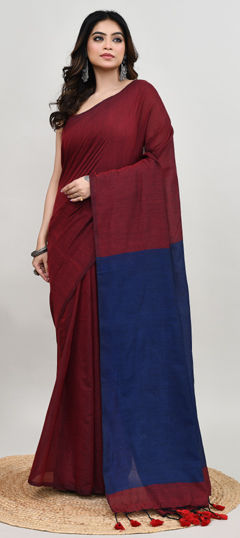 Blue, Red and Maroon color Saree in Cotton fabric with Thread work