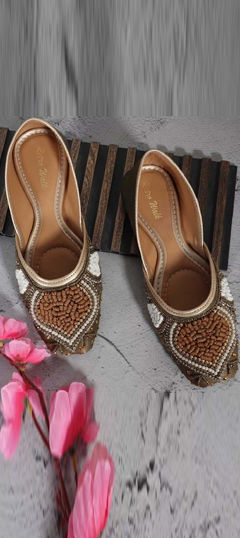 Beige and Brown color Women Shoes in Rexine fabric with Bugle Beads, Moti, Stone work