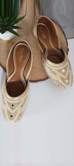Beige and Brown color Women Shoes in Rexine fabric with Cut Dana, Mirror, Moti work