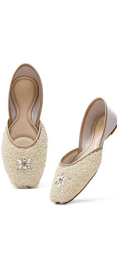 White and Off White color Women Shoes in Rexine fabric with Stone work