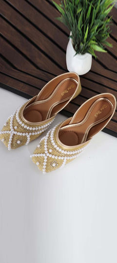 Gold color Women Shoes in Rexine fabric with Moti, Stone work