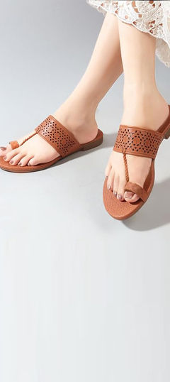 Beige and Brown color Women Shoes in Rexine fabric with Thread work