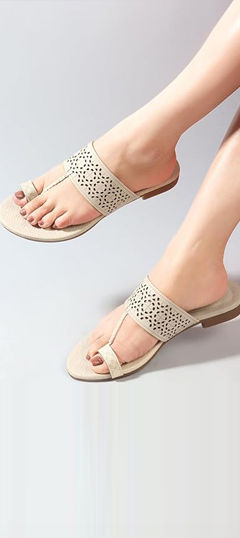 Beige and Brown color Women Shoes in Rexine fabric with Thread work
