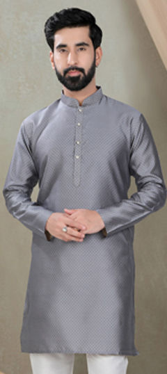Black and Grey color Kurta in Silk cotton fabric with Printed work