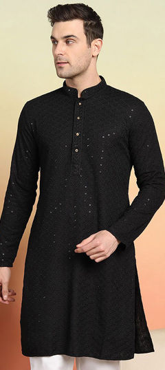 Black and Grey color Kurta in Rayon fabric with Embroidered, Sequence, Thread work