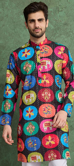 Black and Grey color Kurta in Rayon fabric with Embroidered, Printed work