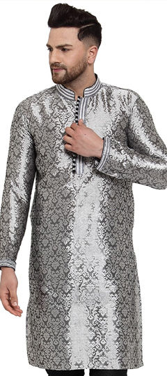 Black and Grey color Kurta in Dupion Silk fabric with Embroidered, Thread work