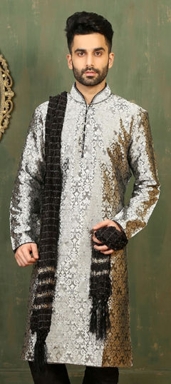 Black and Grey color Kurta in Dupion Silk fabric with Thread work