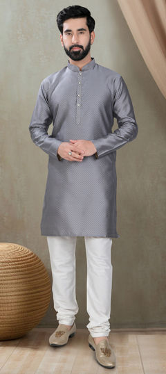 Black and Grey color Kurta Pyjamas in Silk cotton fabric with Printed work