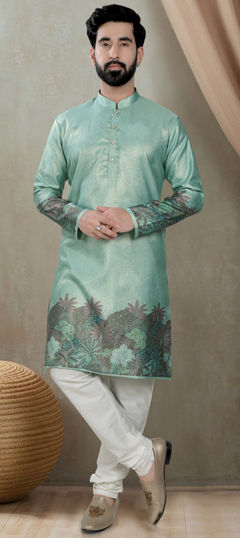 Green color Kurta Pyjamas in Silk fabric with Printed work