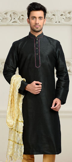 Black and Grey color Kurta in Dupion Silk fabric with Embroidered, Thread work