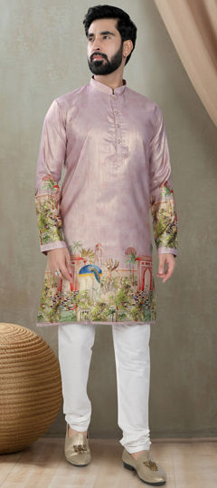 Pink and Majenta color Kurta Pyjamas in Silk fabric with Printed work