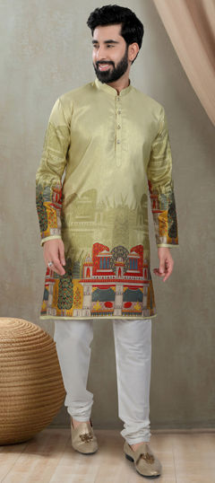 Green color Kurta Pyjamas in Silk fabric with Printed work