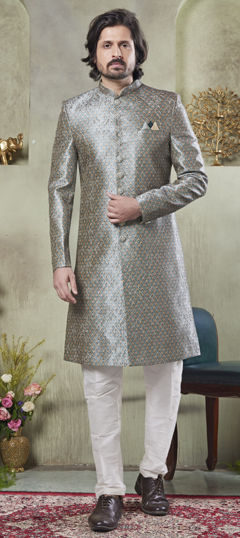 Green color Sherwani in Art Silk fabric with Embroidered, Printed work