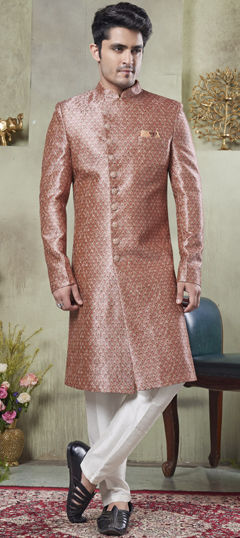 Pink and Majenta color Sherwani in Art Silk fabric with Embroidered, Printed work