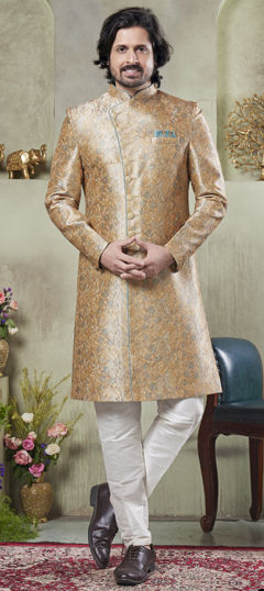 Gold color Sherwani in Art Silk fabric with Embroidered, Printed work