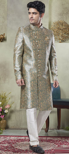 Green color Sherwani in Art Silk fabric with Embroidered, Printed work