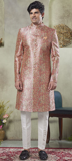Pink and Majenta color Sherwani in Art Silk fabric with Embroidered, Printed work