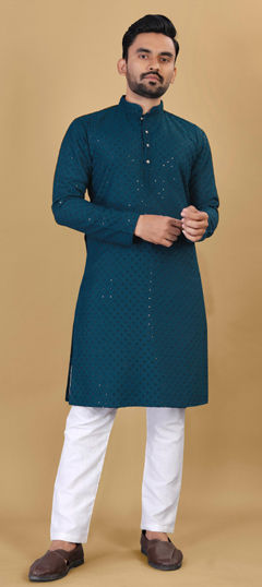 Blue color Kurta Pyjamas in Rayon fabric with Sequence work