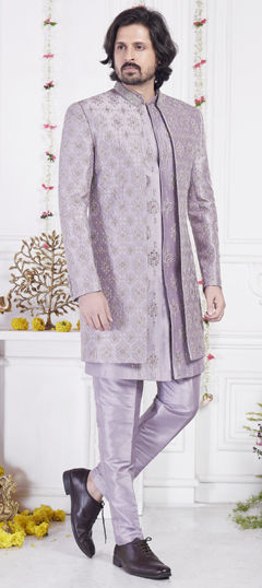Purple and Violet color IndoWestern Dress in Art Silk fabric with Embroidered, Resham, Sequence, Thread work