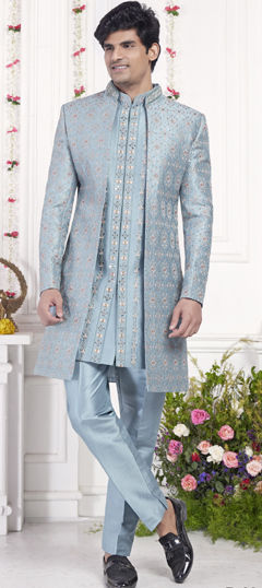 Blue color IndoWestern Dress in Art Silk fabric with Embroidered, Resham, Sequence, Thread work