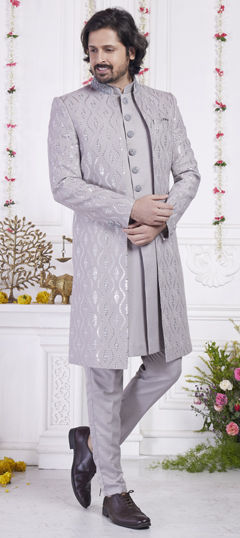 Black and Grey color IndoWestern Dress in Art Silk fabric with Embroidered, Resham, Sequence, Thread work