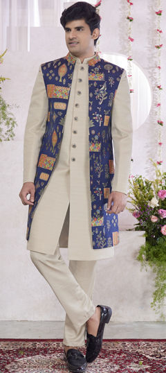 Beige and Brown, Blue color IndoWestern Dress in Art Silk, Jacquard fabric with Weaving work