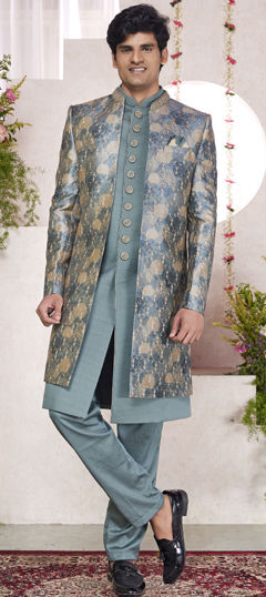Green color IndoWestern Dress in Silk fabric with Digital Print, Thread work