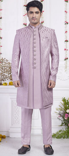 Purple and Violet color IndoWestern Dress in Art Silk fabric with Embroidered, Resham, Sequence, Thread work