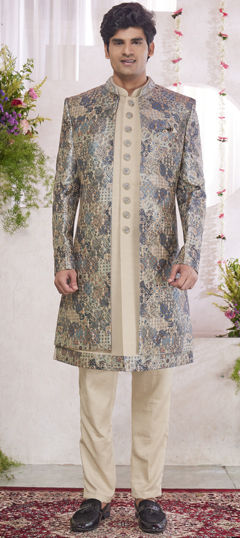 Beige and Brown, Green color IndoWestern Dress in Silk fabric with Digital Print, Thread work