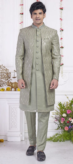 Green color IndoWestern Dress in Art Silk fabric with Embroidered, Resham, Sequence, Thread work