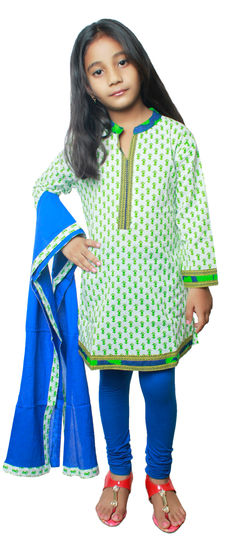 Green, White and Off White color Kids Salwar in Cotton fabric with Printed work