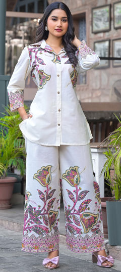 Beige and Brown color Co-ords Set in Cotton fabric with Printed work