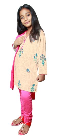 Beige and Brown color Kids Salwar in Cotton fabric with Printed work