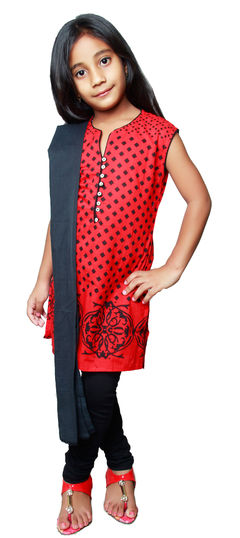 Red and Maroon color Kids Salwar in Cotton fabric with Printed work