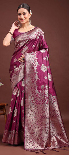Purple and Violet color Saree in Art Silk fabric with Weaving work