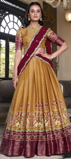 Red and Maroon, Yellow color Lehenga in Kanjeevaram Silk fabric with Weaving work