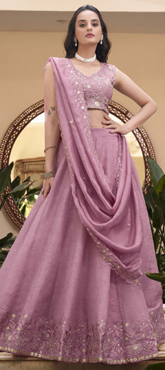 Pink and Majenta color Lehenga in Crushed Silk fabric with Embroidered, Sequence, Thread work