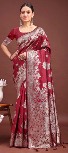 Red and Maroon color Saree in Art Silk fabric with Weaving work