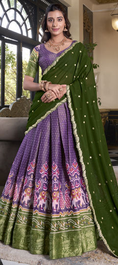 Green, Purple and Violet color Lehenga in Kanjeevaram Silk fabric with Embroidered, Resham, Sequence, Thread work