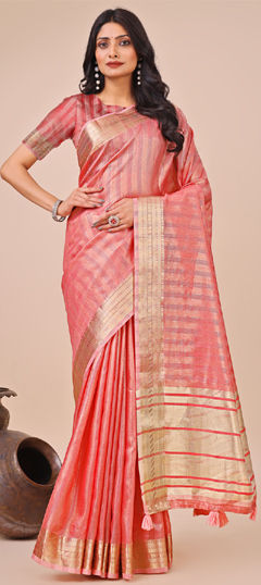 Orange color Saree in Organza Silk fabric with Weaving work