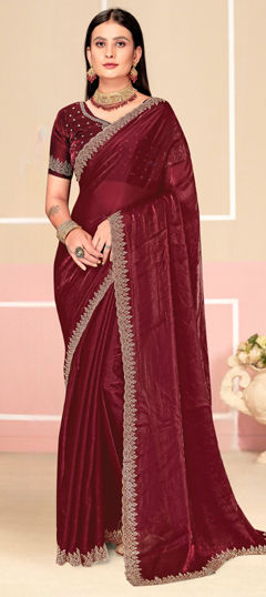 Purple and Violet color Saree in Satin Silk fabric with Zircon work