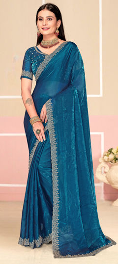 Blue color Saree in Satin Silk fabric with Zircon work