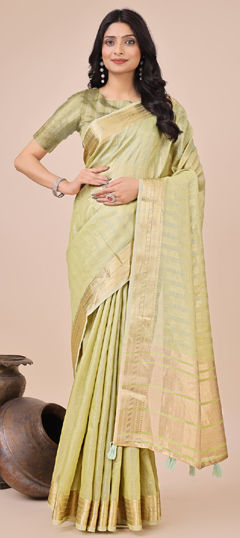 Green color Saree in Organza Silk fabric with Weaving work