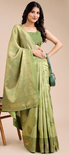 Green color Saree in Banarasi Silk fabric with Weaving work