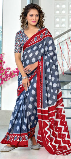 Black and Grey color Saree in Cotton fabric with Printed work