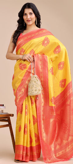 Red and Maroon, Yellow color Saree in Banarasi Silk fabric with Weaving work