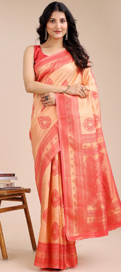 Orange, Red and Maroon color Saree in Banarasi Silk fabric with Weaving work