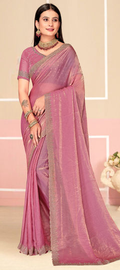 Pink and Majenta color Saree in Satin Silk fabric with Zircon work