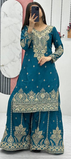 Blue color Salwar Kameez in Chinon Silk fabric with Embroidered, Sequence, Thread, Zari work